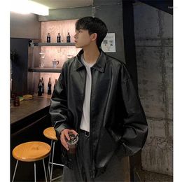 Men's Jackets Autumn Loose Oversize American Retro Texture Hong Kong Style PU Leather Jacket Solid Color Casual Korean