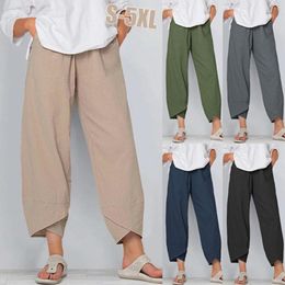 Capris Vintage Cotton Linen Harem Pants Women's Casual Loose Solid Pants Summer Elastic Waist Wide Leg Pants Irregular Retro Trousers