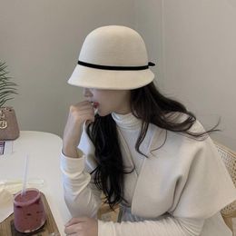 2022 Fashion Autumn Winter High Quality Pure White Wool Bucket Hat Women Small Brim Elegant Simple Dress Fisherman Hat Lady Cap