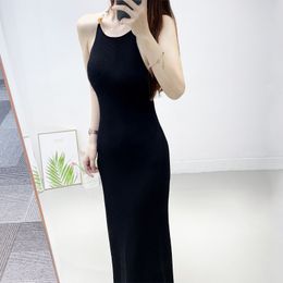 Basic & Casual Dresse New m-aje Hanging Neck Holiday Style Open Back Dress Black Beaded Knitted Strap Dress for Women