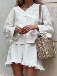 Fashion Beige Linen 2 Piece Sets Women Outfit Casual Loose Long Sleeve Shirts With High Waist Ruffle Shorts Set Female