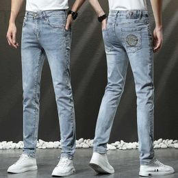 Men's Jeans designer 2023 spring and summer light blue washed jeans men's slim Slim-fit pants high-end Korean fashion trousers H8LT