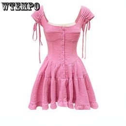 Urban Sexy Dresses WTEMPO Pink Short sleeved Dress Spring and Summer Solid Thin Breathable Square Neck White Frock 2023 Fashion A line Mini 230630