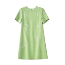 2023 Summer GreenSolid Colour EmbroideryDress Short Sleeve Round Neck Knee-Length Casual Dresses W3L046404