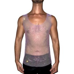 Men's Tank Tops Sheer Bling Mesh Fishnet Sleeveless Vest Top Hollow Out Flash Diamond Shirt Sexy to Show Muscle 230630