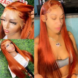 26inches Orange Coloured Straight 13x4 HD Lace Front Human Hair Wig With Baby Hair 150% Density Lace Front Wigs Orange Preplucked