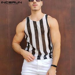 Men's Tank Tops INCERUN Men Mesh Striped Transparent Sexy Vests O Neck Sleeveless Streetwear 2023 Breathable Summer Casual S5XL 230630