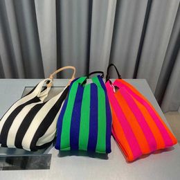 Shoulder Bags Design 2023 Fashion Handle Handbags Women Knitted Shopping Bag Foldable Stripe Printing Weave Casual Wool Totes 230426