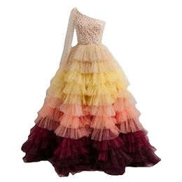 Gorgeous Colorful Tiered Tutu Tulle Evening Dresses Pearls Beaded One Shoulder Romantic Long Prom Dress Custom Made Women Special Occasion Party Wear