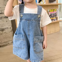 Rompers Summer Fashion Children Denim Overalls Korean Solid Color Big Pockets Girls Shorts Casual Loose All Matched Kids Jumpsuit 230630