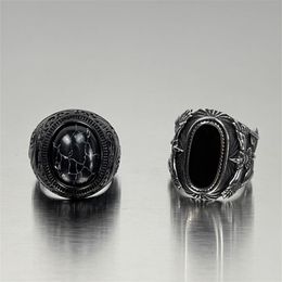European American Carved Black Agate Ring Men's Trendy Brand Domineering Punk Titanium Steel Index Finger Vintage Accessories