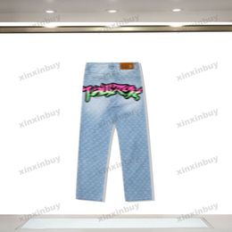 xinxinbuy Men women designer pant Paris Graffiti toothbrush jacquard Letter Printing Washed Jeans denim Casual pants blue black M-2XL