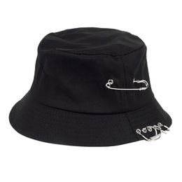 Unisex Harajuku Punk Cotton Bucket Hat Metal Pin O-Rings Hip Hop Fisherman Cap