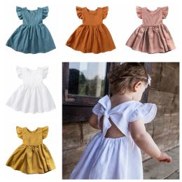 Girls Dresses Baby Designer Clothes Bowknot Princess Fairy Dress Cotton Linen Fly Sleeve Dress Party Boutique Kids Summer Dress Fashion Skirts Sundress