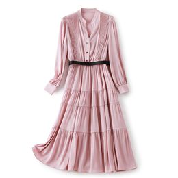 2023 Summer Pink Solid Colour Waist Belted Dress Long Sleeve V-Neck Midi Casual Dresses W3L042104