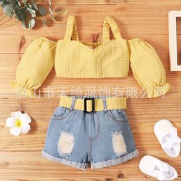 Clothing Sets Summer Children's Suit baby Girl 13 Years Old Top Pants Yellow Sling Jeans Twopiece Kids Clothes Girls Ropa 230630