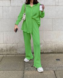 Casual High Wasit Pants Set Women Spring Long Sleeve Blouses Matching Wide Trousers Suit Green Pleated 2 Piece Pant Set