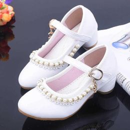 Sneakers Princess Girl Shoes Children High Heels Pink Child With Beading White Leather Party Girls Dress Mary Jane Louboutin Female ShoesHKD230701