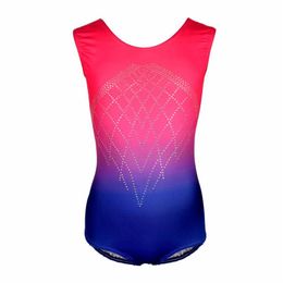 Kid Child Rhythmic Gymnastics Leotard For Girl Gradient Rainbow Rhinestone Dance Ballet Leotard Dress Shiny Metallic Gym297M