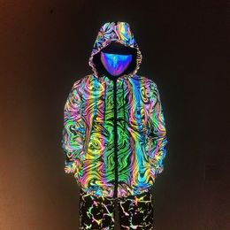 Women's Fur Faux 3D Geometric Pattern Colourful Reflective Kintted Jacket Men Elastic Breathable Hip Hop Bomber Creative Light Emitting Jackets 230630