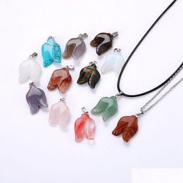 Pendant Necklaces Natural Crystal Rose Quartz Carved Flower Leaf Shape Stone Necklace Chakra Healing Jewellery For Women Men Drop Deli Dhjzm