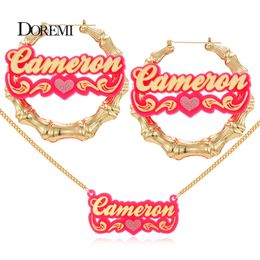 Wedding Jewelry Sets DOREMI ONE Set Customized Words Name Stainless Bamboo Hoop Earrings Acrylic Necklace Jewelry Set Personalized Letters With Heart 230630