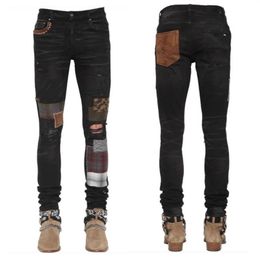 Mens jeans Top quality Distressed Motorcycle Patch biker jeans tight Ripped hole stripe Famous Denim pants182N