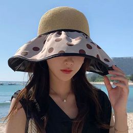 Anti-UV Bucket Hat Women Wide Brim Beach Sun Hat Band Point Summer Sunscreen Panama Hat Outdoor Foldable Portable Fisherman Cap