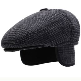 HT2631 Beret Cap Men Autumn Winter Hat Earflap Cap Thick Warm Men Ear Flap Dad Hat Vintage Newsboy Ivy Flat Cap Male Wool Beret