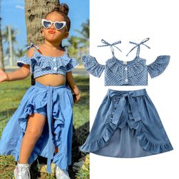 Clothing Sets 3Pcs Summer Girl Baby Kids Clothes Off shoulder Ruffles T shirt Top Shorts Princess Belt Skirt Party Outfits 1 5T 230630