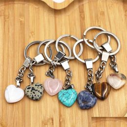 Key Rings Heart Shape Natural Stone Keychains Sier Colour Healing Amethyst Pink Crystal Car Decor Keyholder For Women Men Jewellery Dro Dhdee