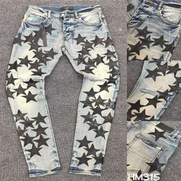 FALECTION MENS 21SS AMIMIKE JEANS DISTRESSED LEATHER STARS PATCH RIPPED DENIM jeans319A