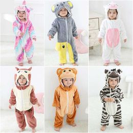 Flannel Boys Girls Animal Rompers 1 2 3 4 Year Cartoon Zebra Panda Children Hooded Newborn Baby Clothing bebes Jumpsuit L230625