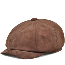 Suede Octagonal Hat Men England Male Spring Winter Real Leather Beret Caps Newsboy 1 Buttons Casual Streetwear Peaked Bonnet