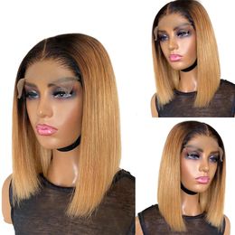 Synthetic Wigs Short Ombre Honey Blonde Bob Wig With Baby Hair Brown Straight Human Lace Part 1b27 For Black Women 230630