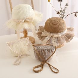 Backpacks Summer Girl Cute Messenger Pocket Sweet Sun Caps Hat Bag Baby Straw Weave Lace Backpack Sandy Beach Coin Purse Headgear 230701