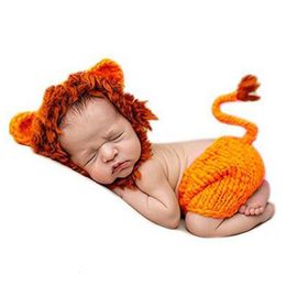 Keepsakes Born Baby Yellow Hand Crocheted Wool Lion Knitted Hat Pographic Clothing Pography Props Cute hat pants design gift 230701