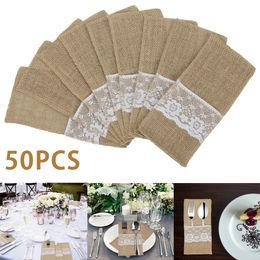 Other Event Party Supplies 50pcs Burlap Lace Cutlery Pouch Wedding Tableware Party Supplies Holder Bag Hessian Rustic Jute Table Decoration Accessories 230630