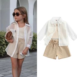 Clothing Sets 1 6Y Kids Girls Summer Clothes Baby See Through Long Sleeve Lapel Shirt Outerwear Vest Short Pants 3Pcs Children Outfit 230630