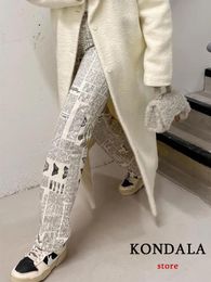Capris Kondala Za 2022 Streetwear Letter Print Jeans Women High Waist Straight Pockets Long Pants Vintage Fashion Trousers