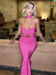Urban Sexy Dresses Summer Strapless Backless Bow Tie Pink Long Women Bodycon Bandage Dress Elegant Celebrity Evening Club Party 230630