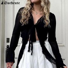 Women's T Shirts SUCHCUTE Black Aesthetic Streetwear Mesh Smock Women Lace Up Irregular Ruffles Cardigan See Through Flared Long Sleeve