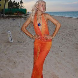 Basic Casual Dresse s Seaside Resort Style Print Sexy Deep V Neck Halter Strap Backless Long Dress Elegant and Luxurious Vestidos 230701