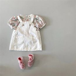 Kids Shirts 2655B Girl Clothes Korean Summer Children's Girls Denim Bib Skirt Floral Short Sleeve Shirt Sweet 230630