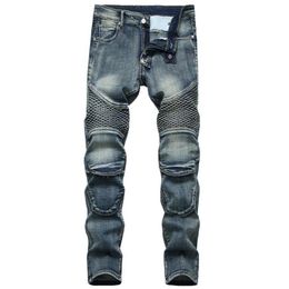 Zipper Jeans Pattern Print Mens Slim Ripped Light Washed Biker Knee Pads Denim Clothing Pants Straight Skinny Slim Fit305L