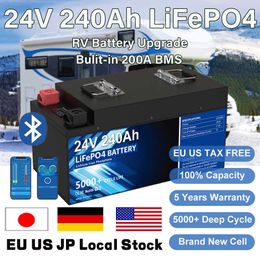 Bluetooth 24V 240AH 200AH 100AH LiFePO4 Battery Pack 25.6V 6144Wh 200A BMS IP56 5000+ Cycles RV Golf Cart Solar US Stock