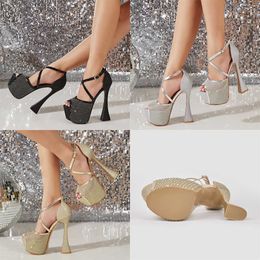 Summer Sandals Fashion Design Platform Peep Toe Buckle Strap Woman Sequined Cloth Nightclub Party Ultra High Heels Sexy Shoes 230511