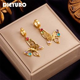 Hoop Huggie DIEYURO 316L Stainless Steel Cutout Butterfly Earrings For Women Luxury Design Girls Colourful Zircon Ear Jewellery Party Gifts 230630