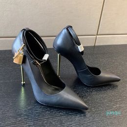 Gold Buckle Decorative Slim High Heel Shoes Women's Leather Metal Pointy Head Sexy Fashion Foot Loop Dress 11CM Designer Party Dress Shoes Factory Shoes