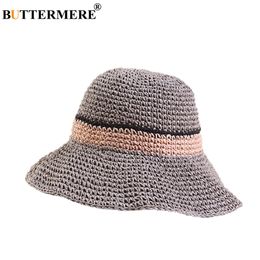 BUTTERMERE Womens Summer Bucket Hats Straw Patchwork Fishing Cap Female Elegant Grey Pink Folding Ladies Crochet Sun Hat Fashion